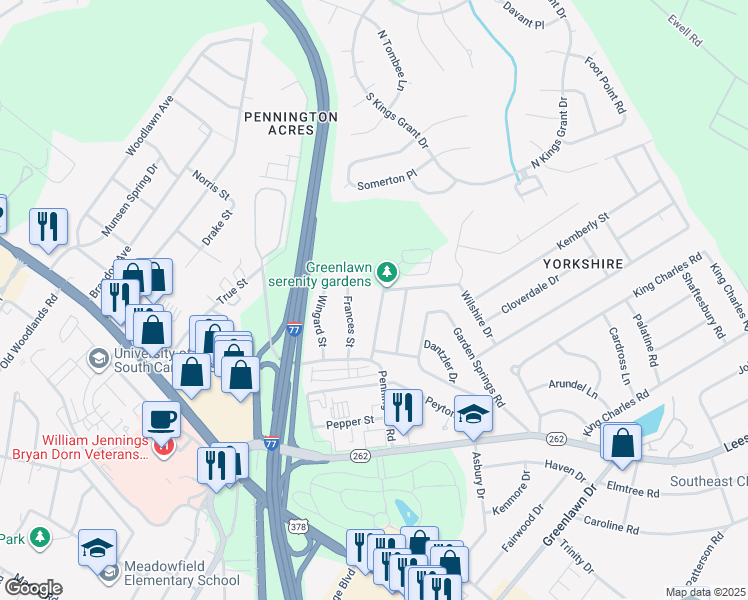 map of restaurants, bars, coffee shops, grocery stores, and more near 6705 Windwan Drive in Columbia