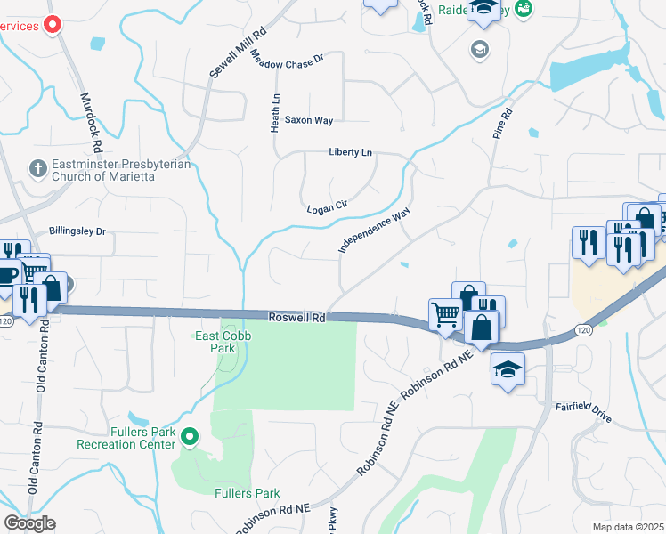 map of restaurants, bars, coffee shops, grocery stores, and more near 1257 Independence Way in Marietta