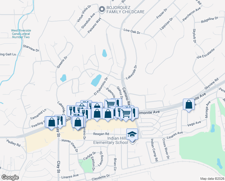 map of restaurants, bars, coffee shops, grocery stores, and more near 5878 Palencia Drive in Riverside