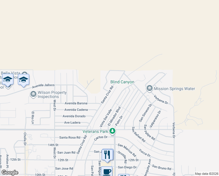 map of restaurants, bars, coffee shops, grocery stores, and more near 9275 Santa Cruz Road in Desert Hot Springs