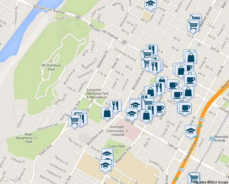 map of restaurants, bars, coffee shops, grocery stores, and more near 4292 12th Street in Riverside