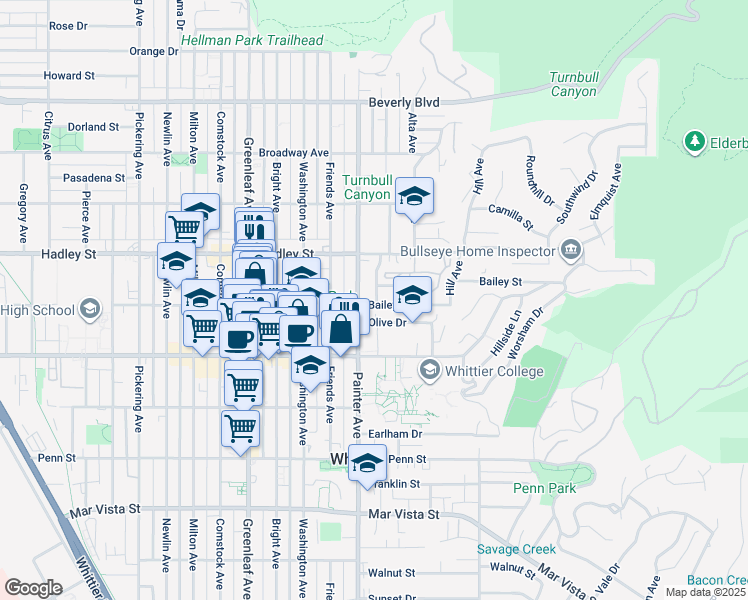 map of restaurants, bars, coffee shops, grocery stores, and more near in Whittier