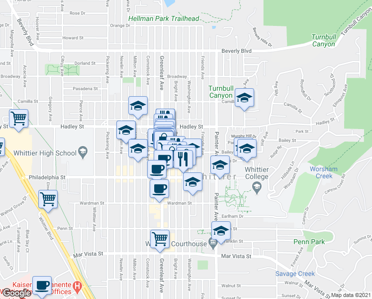 map of restaurants, bars, coffee shops, grocery stores, and more near 6707 Washington Avenue in Whittier