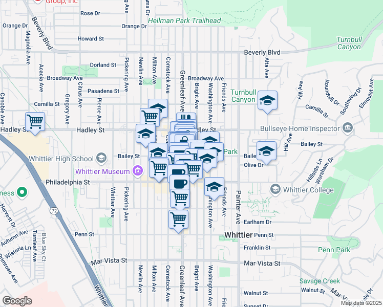map of restaurants, bars, coffee shops, grocery stores, and more near 13019 Bailey Street in Whittier