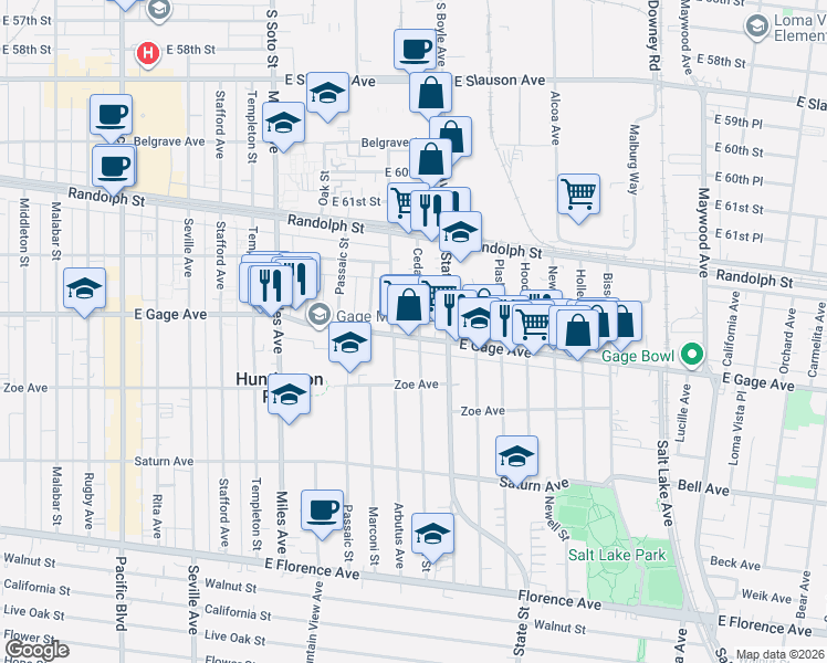 map of restaurants, bars, coffee shops, grocery stores, and more near 3065 East Gage Avenue in Huntington Park