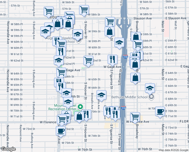 map of restaurants, bars, coffee shops, grocery stores, and more near 6408 Bonsallo Avenue in Los Angeles