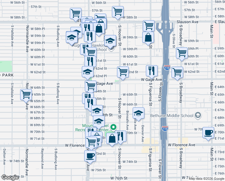 map of restaurants, bars, coffee shops, grocery stores, and more near 839 1/2 West 64th Street in Los Angeles