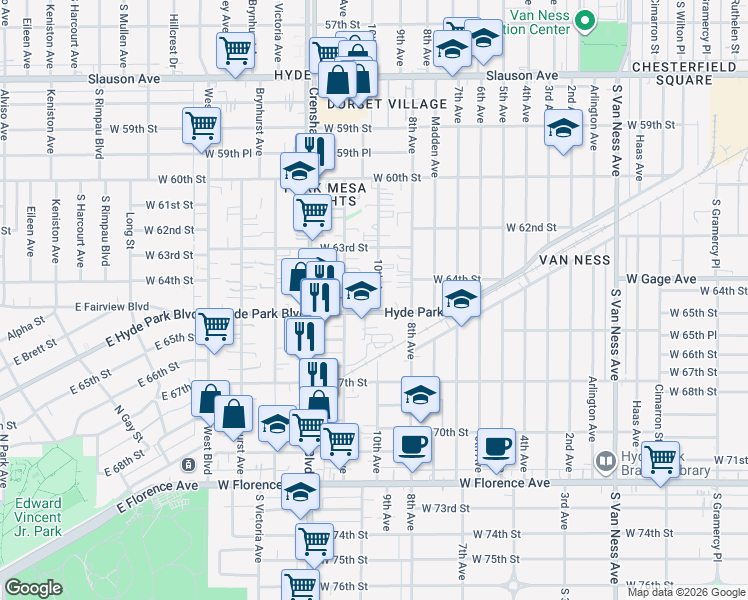 map of restaurants, bars, coffee shops, grocery stores, and more near 6424 10th Avenue in Los Angeles