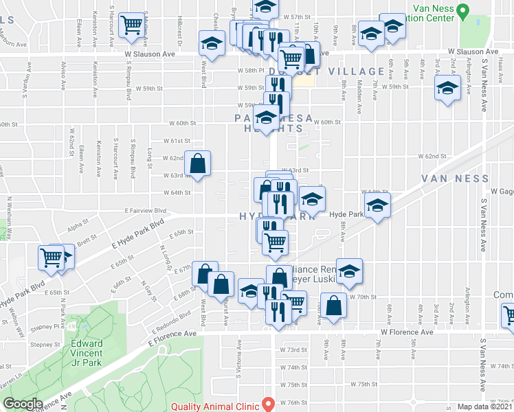 map of restaurants, bars, coffee shops, grocery stores, and more near 3429 Hyde Park Boulevard in Los Angeles