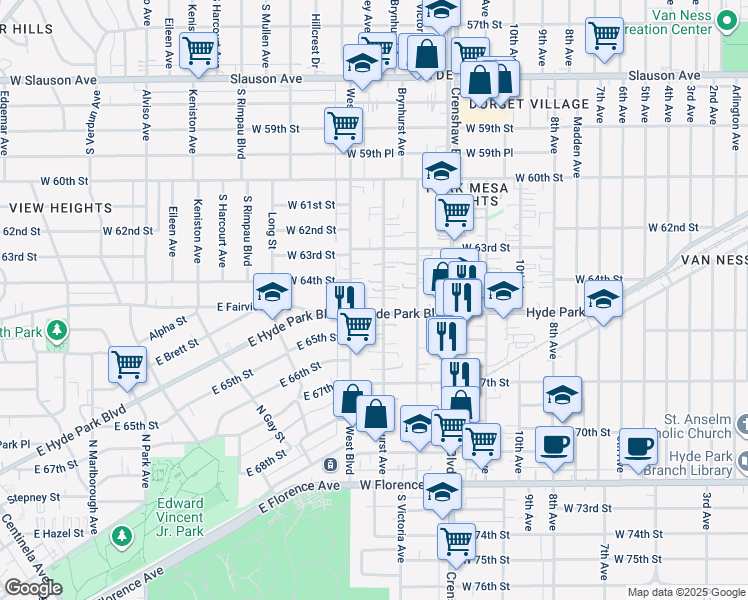 map of restaurants, bars, coffee shops, grocery stores, and more near 6428 Brynhurst Avenue in Los Angeles