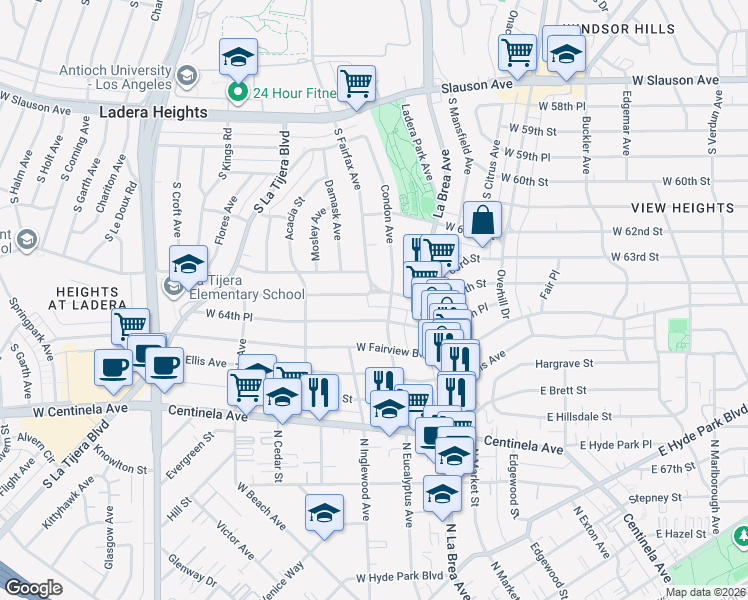 map of restaurants, bars, coffee shops, grocery stores, and more near 200 West 64th Street in Inglewood