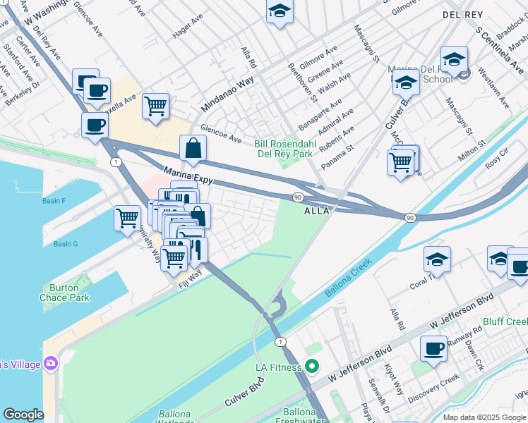 map of restaurants, bars, coffee shops, grocery stores, and more near 4800 La Villa Marina in Marina del Rey