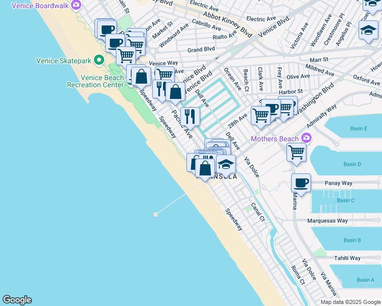 map of restaurants, bars, coffee shops, grocery stores, and more near 2705 Ocean Front Walk in Los Angeles