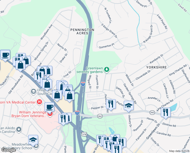 map of restaurants, bars, coffee shops, grocery stores, and more near 6655 Frances Street in Columbia