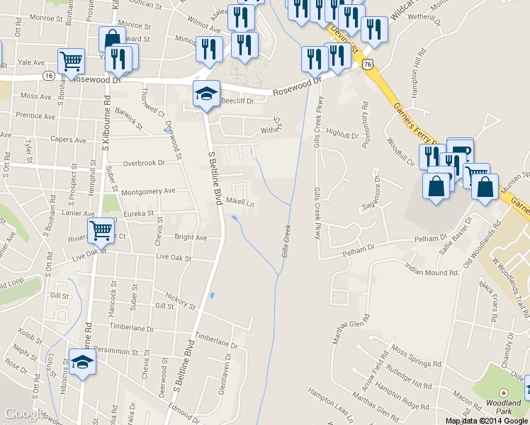 map of restaurants, bars, coffee shops, grocery stores, and more near 4210 Mikell Lane in Columbia
