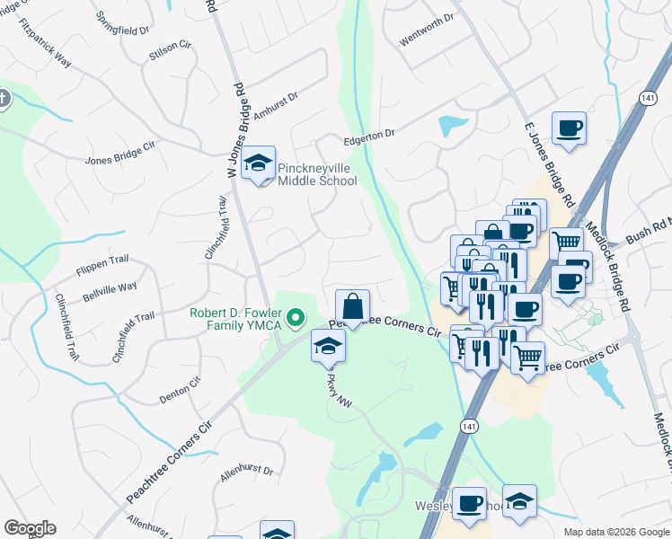 map of restaurants, bars, coffee shops, grocery stores, and more near 4121 Blue Iris Hollow in Norcross