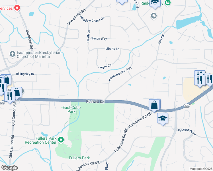 map of restaurants, bars, coffee shops, grocery stores, and more near 1257 Independence Way in Marietta