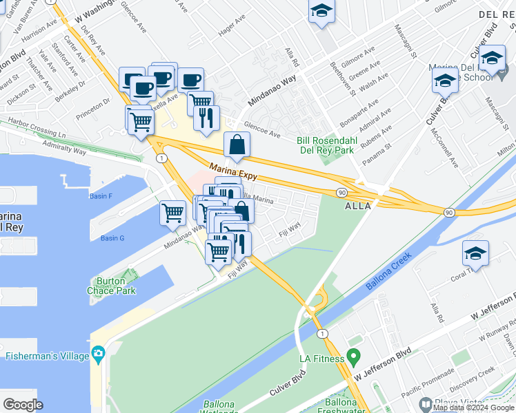 map of restaurants, bars, coffee shops, grocery stores, and more near 4745 La Villa Marina in Marina del Rey