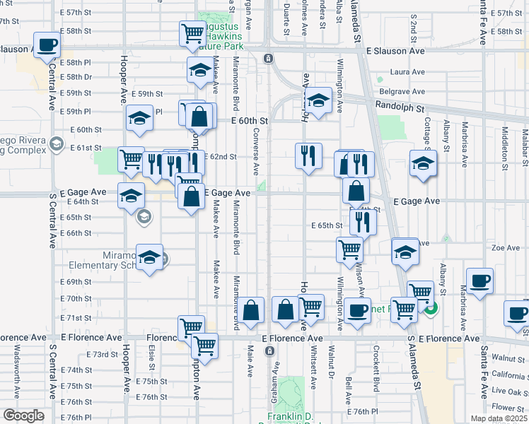 map of restaurants, bars, coffee shops, grocery stores, and more near 1664 East 64th Street in Los Angeles