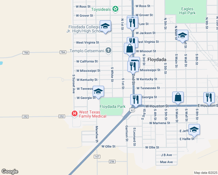 map of restaurants, bars, coffee shops, grocery stores, and more near 700 West Tennessee Street in Floydada