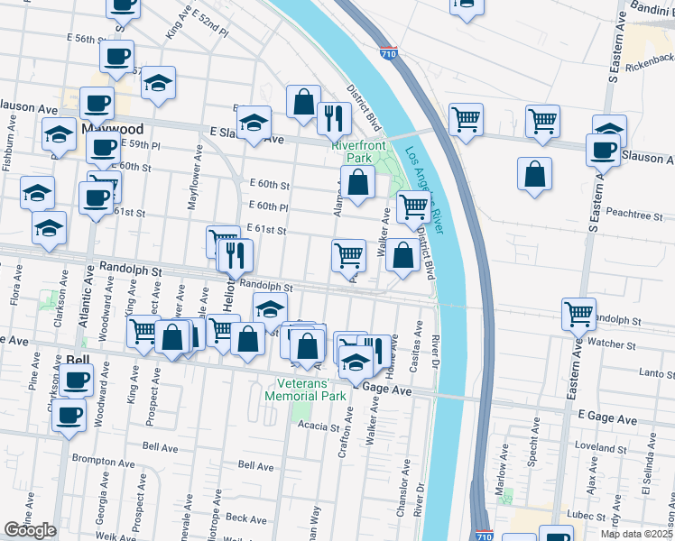 map of restaurants, bars, coffee shops, grocery stores, and more near 6144 Alamo Avenue in Maywood