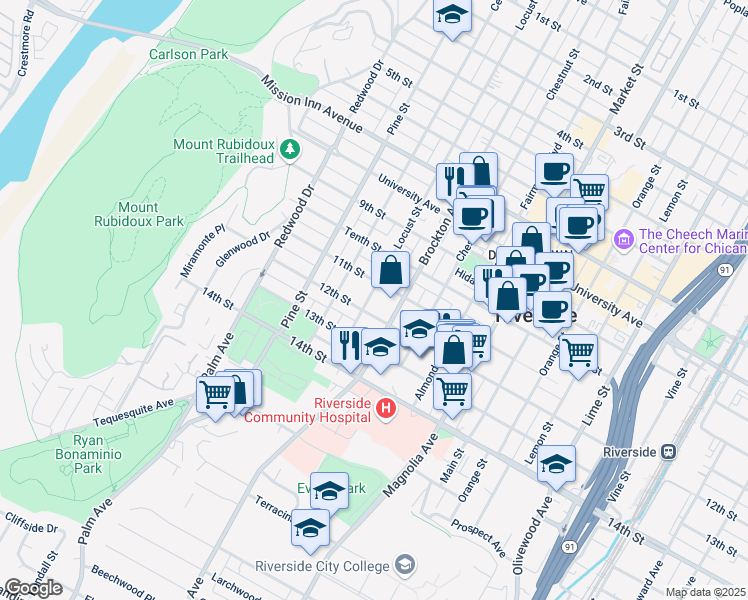 map of restaurants, bars, coffee shops, grocery stores, and more near 4152 Locust Street in Riverside