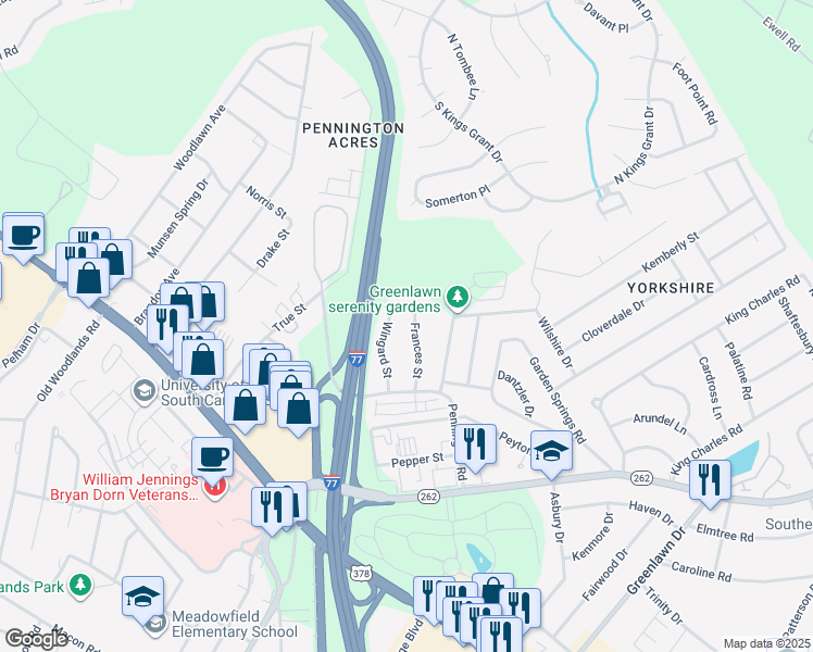 map of restaurants, bars, coffee shops, grocery stores, and more near 6655 Frances Street in Columbia