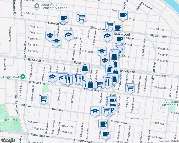 map of restaurants, bars, coffee shops, grocery stores, and more near 6225 Fishburn Avenue in Bell Gardens