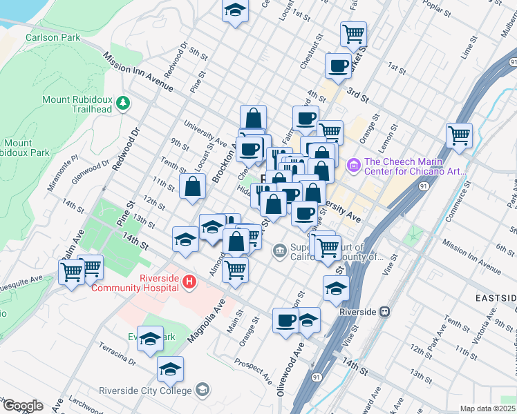 map of restaurants, bars, coffee shops, grocery stores, and more near 3861 Tenth Street in Riverside