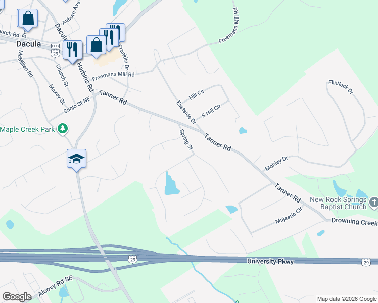 map of restaurants, bars, coffee shops, grocery stores, and more near 2781 Spring Street in Dacula