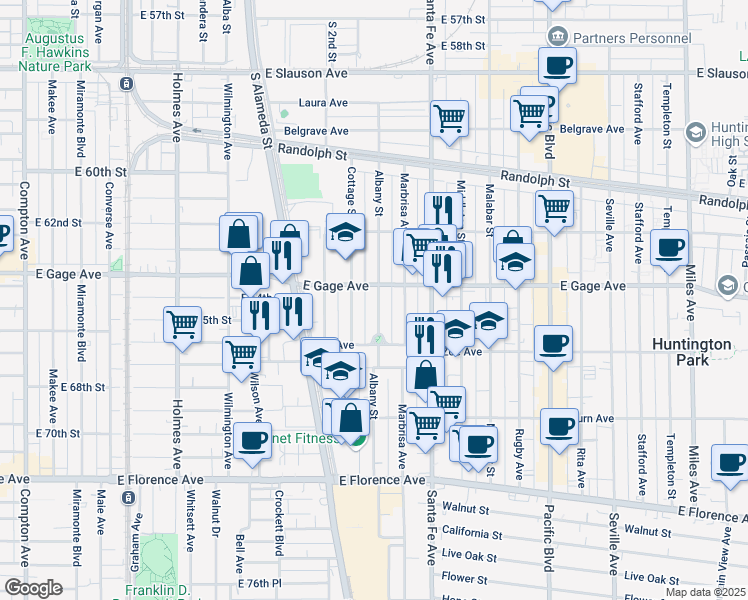 map of restaurants, bars, coffee shops, grocery stores, and more near 6417 Albany Street in Huntington Park