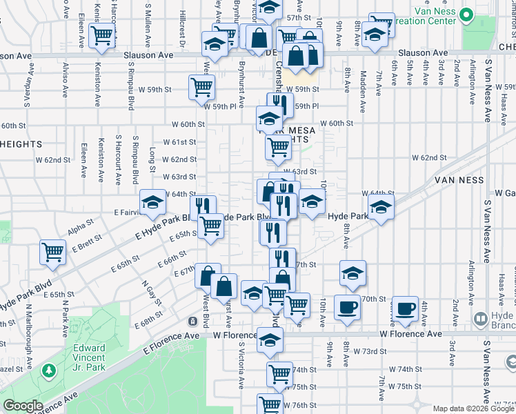 map of restaurants, bars, coffee shops, grocery stores, and more near 6426 South Victoria Avenue in Los Angeles