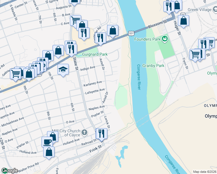map of restaurants, bars, coffee shops, grocery stores, and more near 1419 Axtell Drive in Cayce