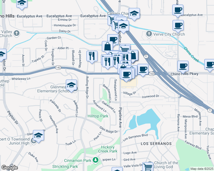 map of restaurants, bars, coffee shops, grocery stores, and more near 14990 Redwood Lane in Chino Hills