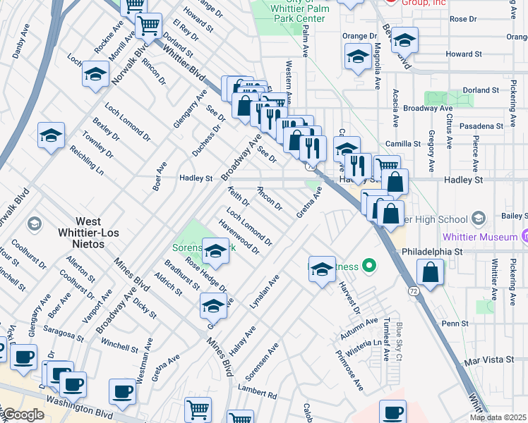 map of restaurants, bars, coffee shops, grocery stores, and more near 11527 Keith Drive in Whittier