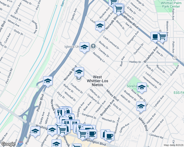 map of restaurants, bars, coffee shops, grocery stores, and more near 11005 Mines Boulevard in Whittier