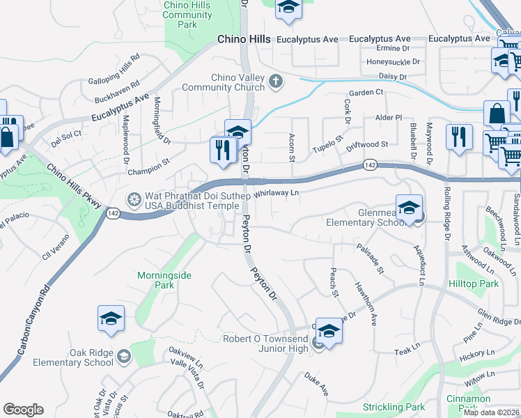 map of restaurants, bars, coffee shops, grocery stores, and more near 14984 Kalan Court in Chino Hills
