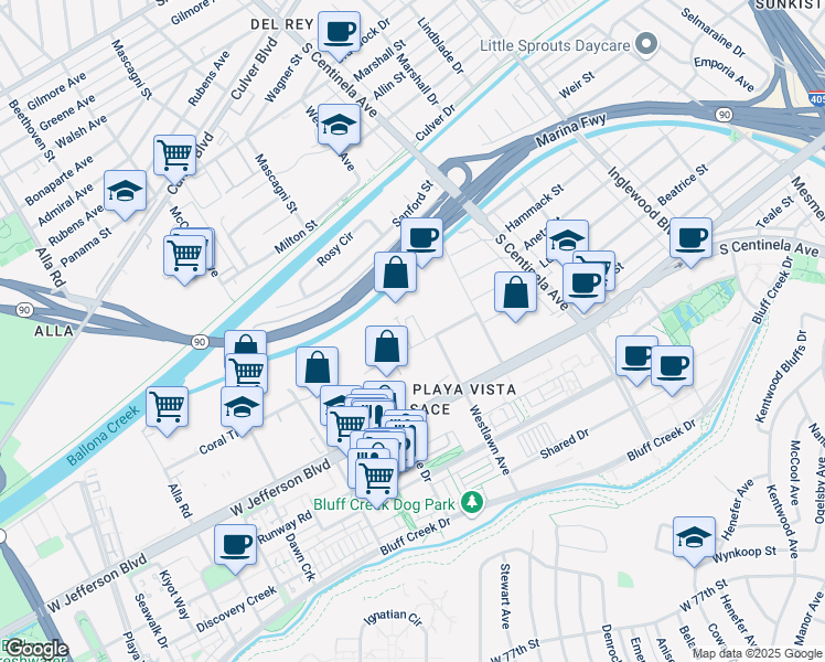 map of restaurants, bars, coffee shops, grocery stores, and more near 12575 Beatrice Street in Los Angeles