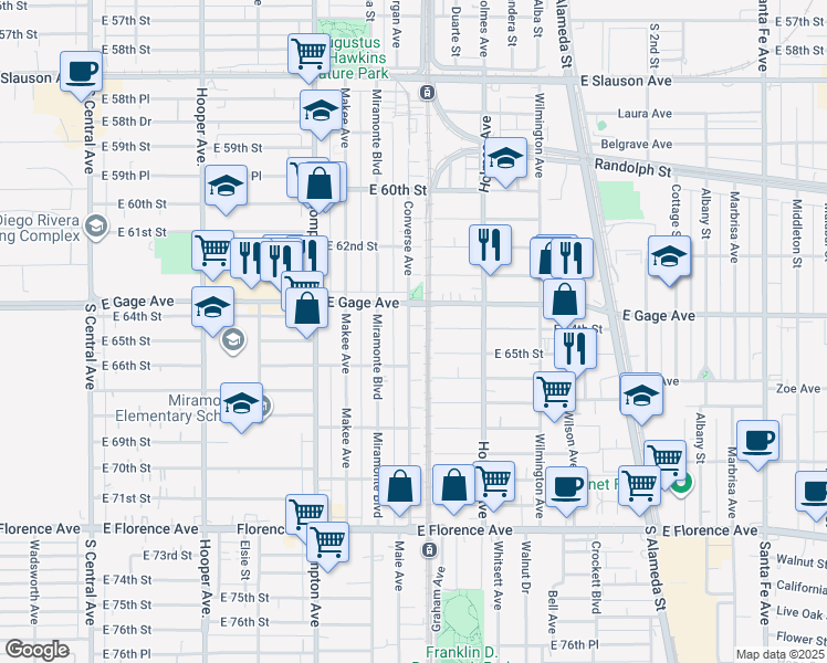 map of restaurants, bars, coffee shops, grocery stores, and more near 1650 East 64th Street in Los Angeles
