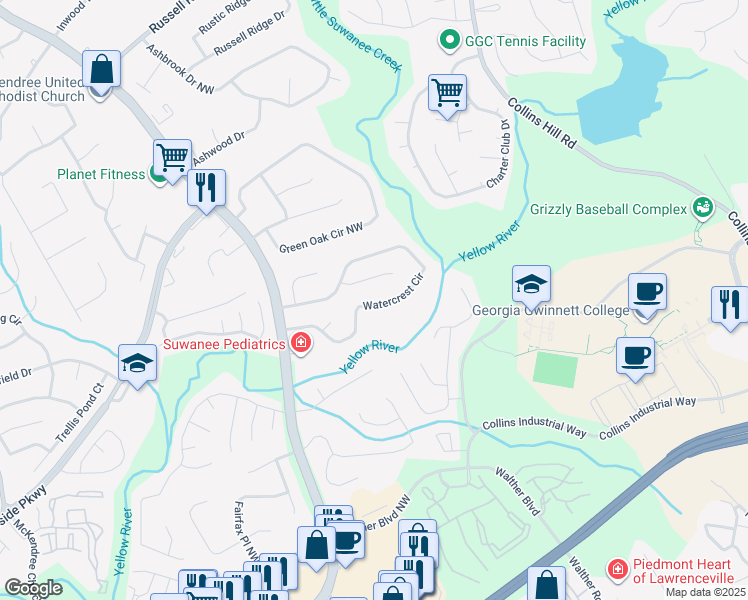 map of restaurants, bars, coffee shops, grocery stores, and more near 1554 Watercrest Circle in Lawrenceville