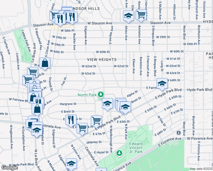 map of restaurants, bars, coffee shops, grocery stores, and more near 639 East Fairview Boulevard in Inglewood