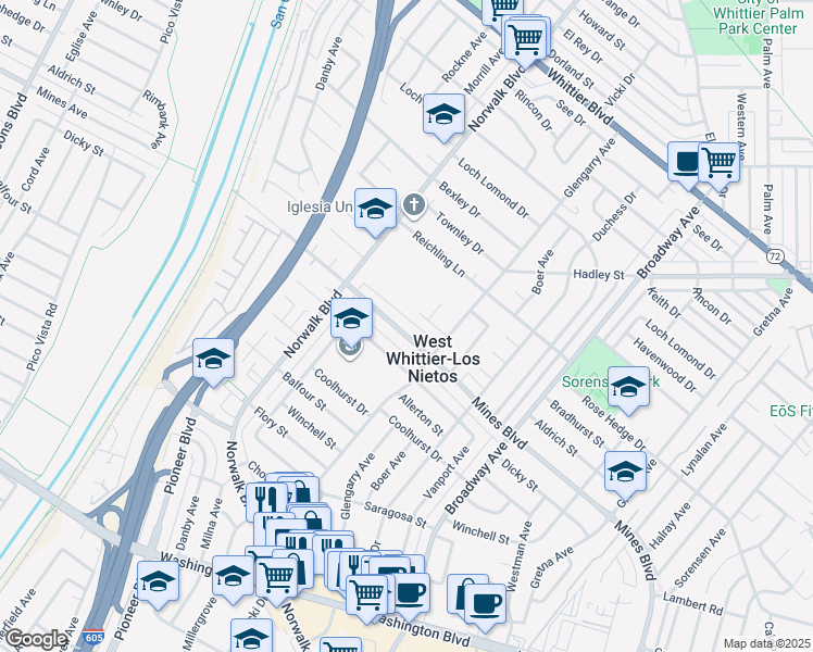map of restaurants, bars, coffee shops, grocery stores, and more near 11005 Mines Boulevard in Whittier