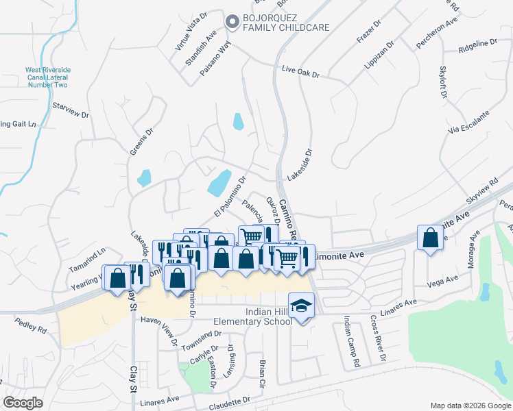 map of restaurants, bars, coffee shops, grocery stores, and more near 5878 Palencia Drive in Riverside