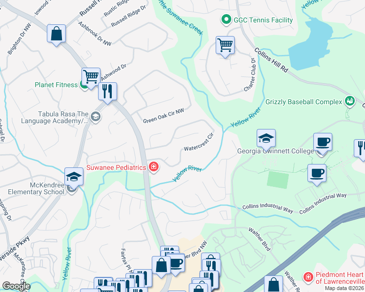 map of restaurants, bars, coffee shops, grocery stores, and more near 1524 Watercrest Cir in Lawrenceville