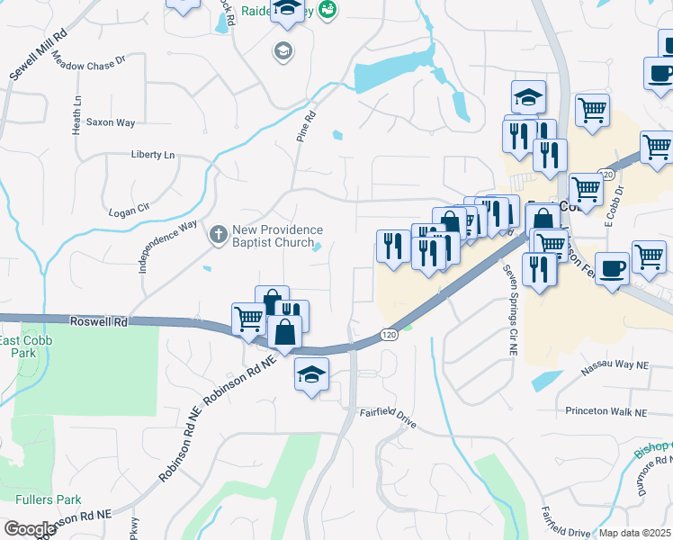 map of restaurants, bars, coffee shops, grocery stores, and more near 1232 Gray Squirrel Crossing in Marietta