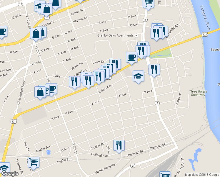 map of restaurants, bars, coffee shops, grocery stores, and more near 811 Indigo Avenue in Cayce