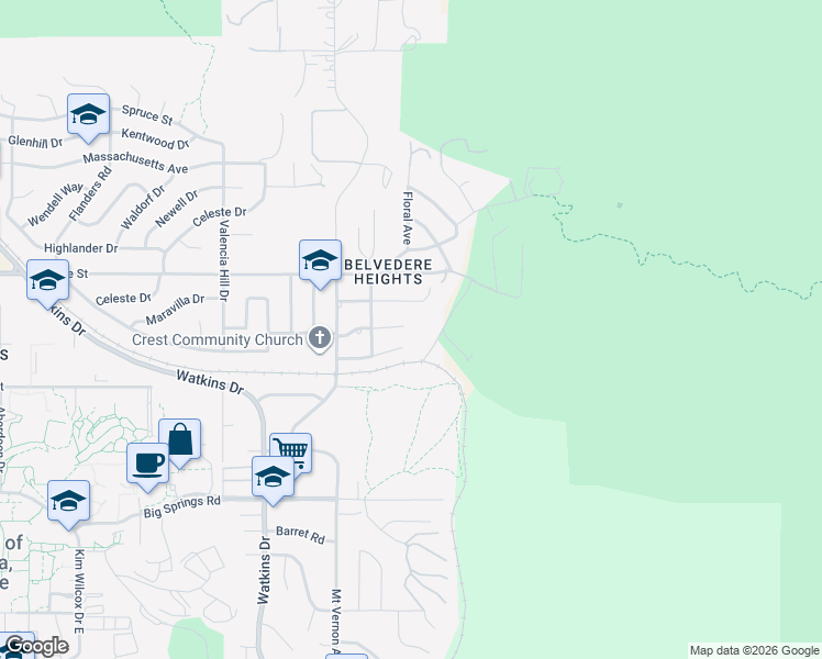 map of restaurants, bars, coffee shops, grocery stores, and more near 240 East Shady Grove Drive in Riverside