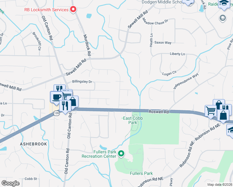 map of restaurants, bars, coffee shops, grocery stores, and more near 1274 Murdock Road in Marietta