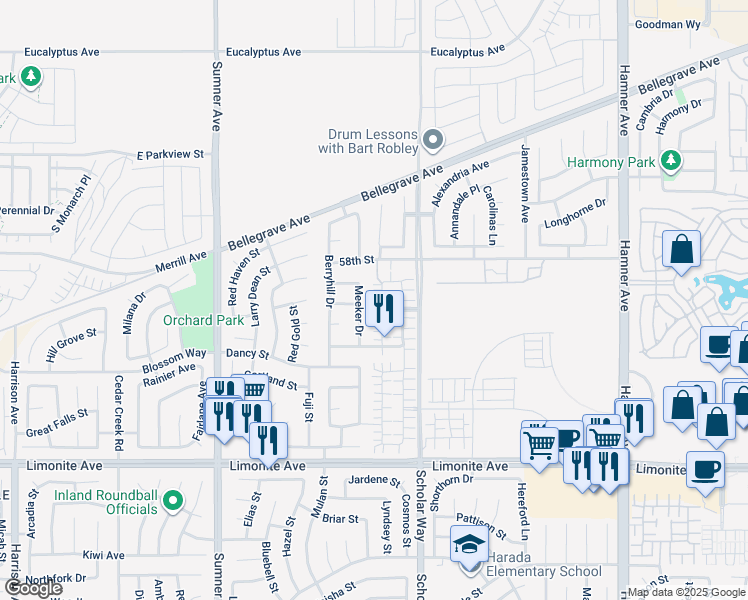 map of restaurants, bars, coffee shops, grocery stores, and more near 5885 Silveira Street in Eastvale