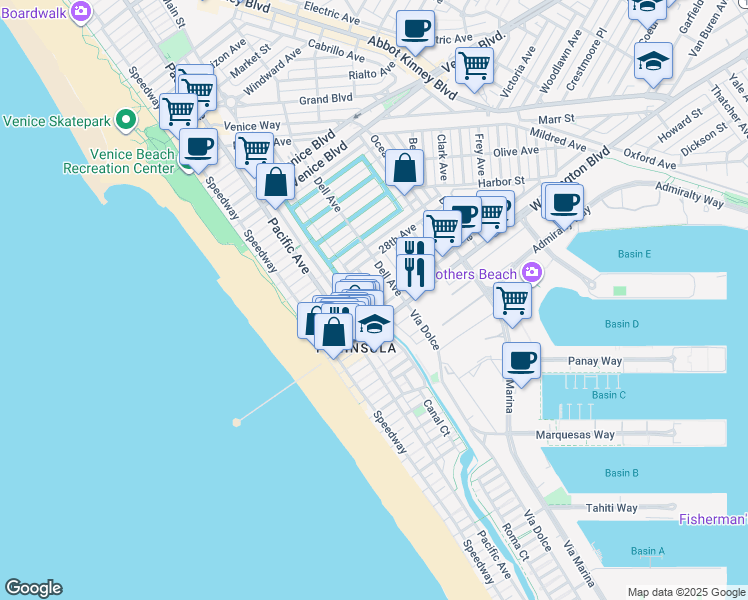 map of restaurants, bars, coffee shops, grocery stores, and more near 3001 Grand Canal in Los Angeles